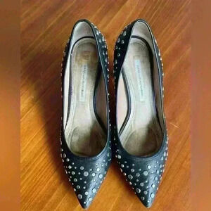 Diane Von Furstenberg Alina black, silver studded, pointy toe heels; size 9